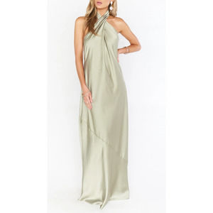 Show Me Your Mumu Jasmine Halter Maxi Dress in Moss Green Luxe Satin